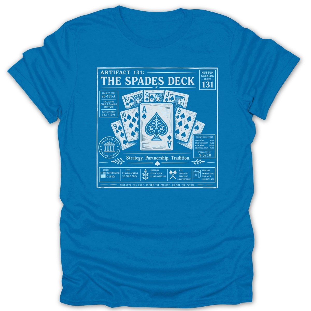 The Spades Deck Artifact 131 museum catalog shirt with card details.