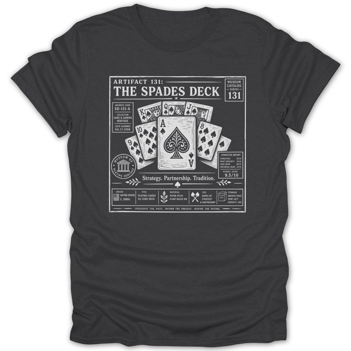 T-shirt featuring a museum catalog entry for "The Spades Deck" with playing cards.