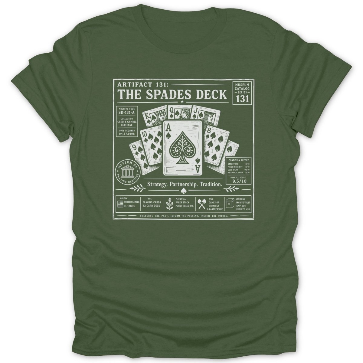 Green t-shirt with museum catalog graphic of "The Spades Deck" playing cards.