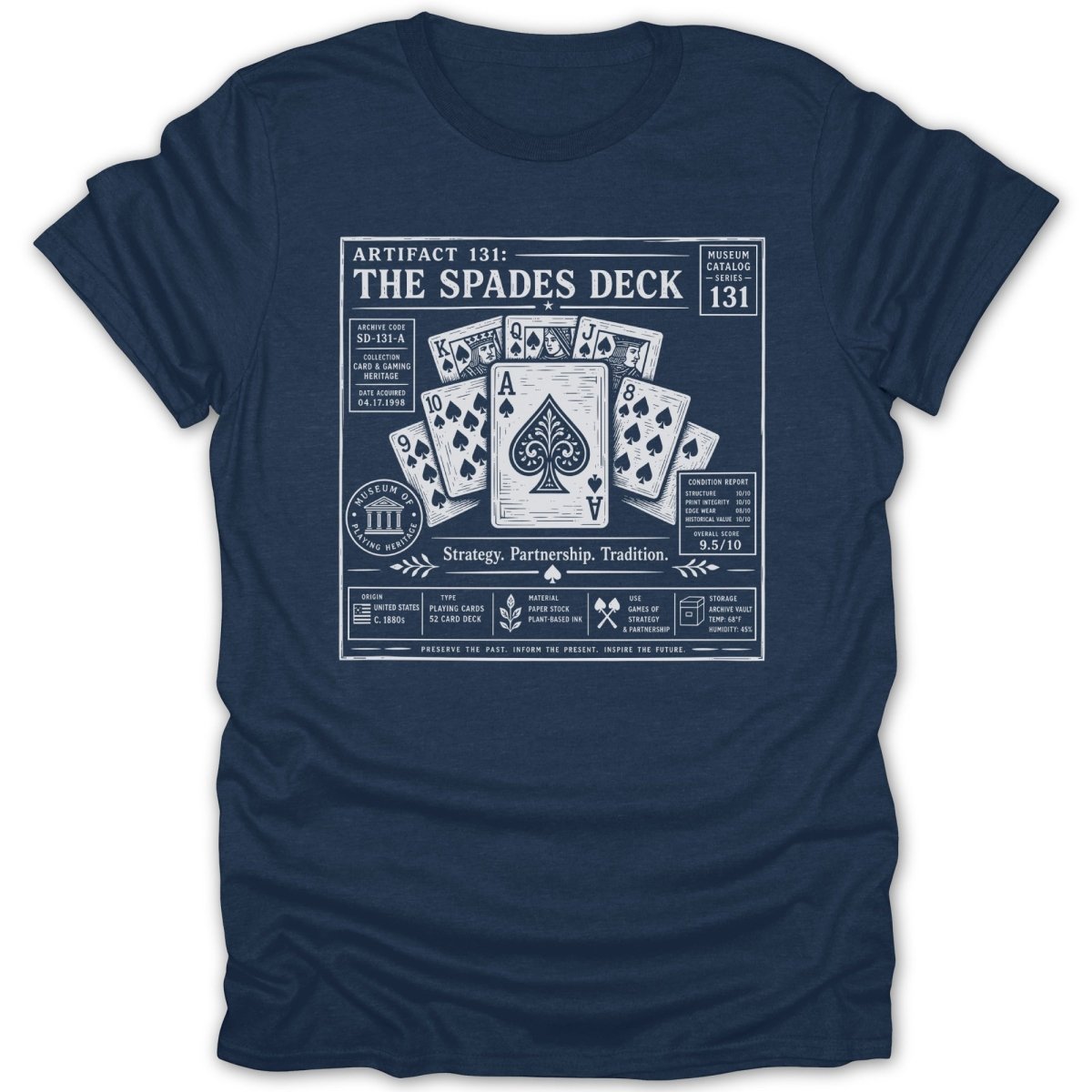 T-shirt graphic detailing "The Spades Deck" artifact with card imagery and museum information.