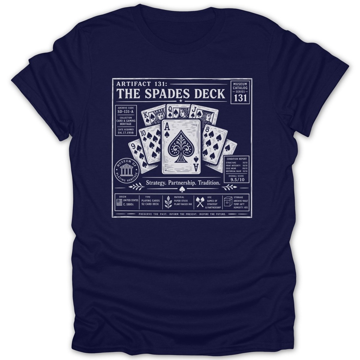 Playing cards design with museum catalog information and spades.