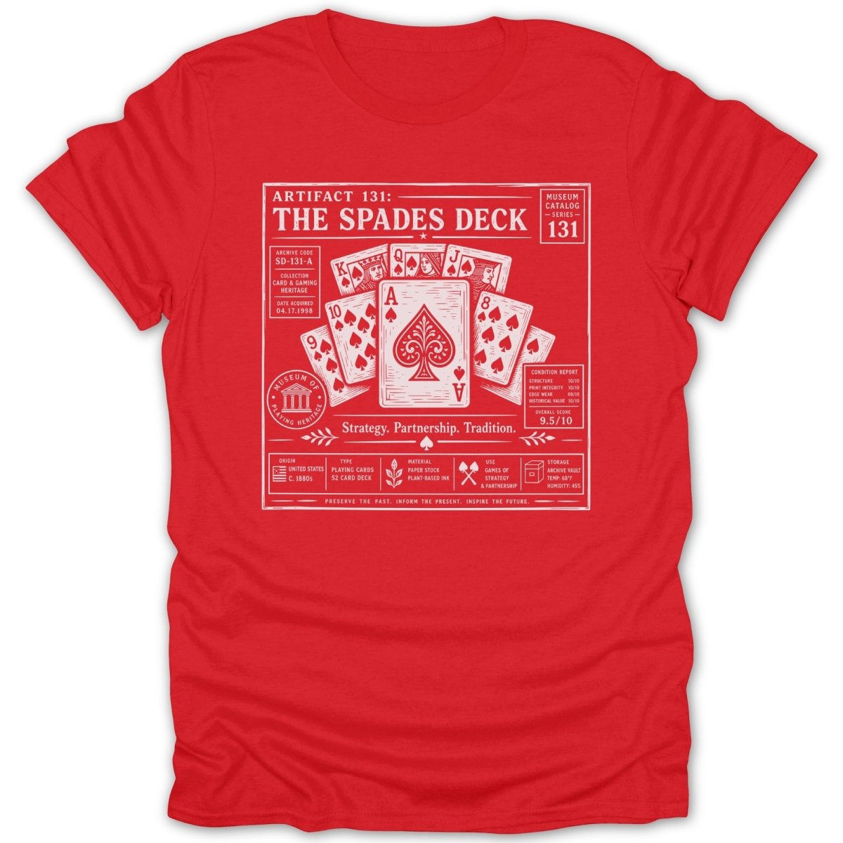 Red t-shirt with a white graphic detailing "The Spades Deck" artifact.