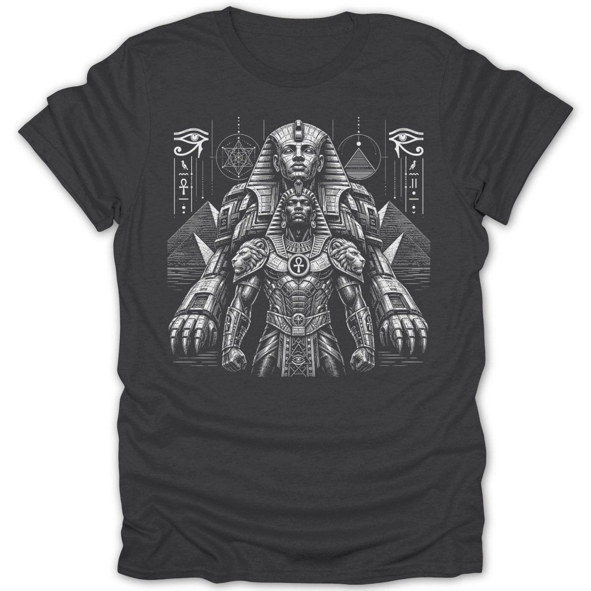 Egyptian pharaoh and sphinx figures with hieroglyphic symbols on a dark t-shirt.