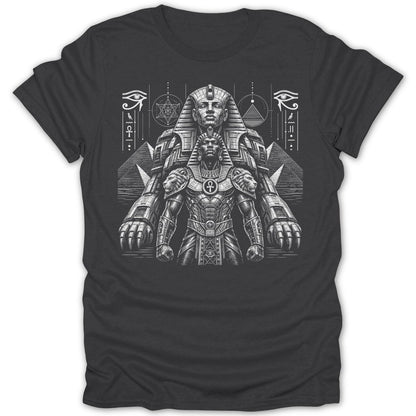 Egyptian pharaoh and sphinx figures with hieroglyphic symbols on a dark t-shirt.