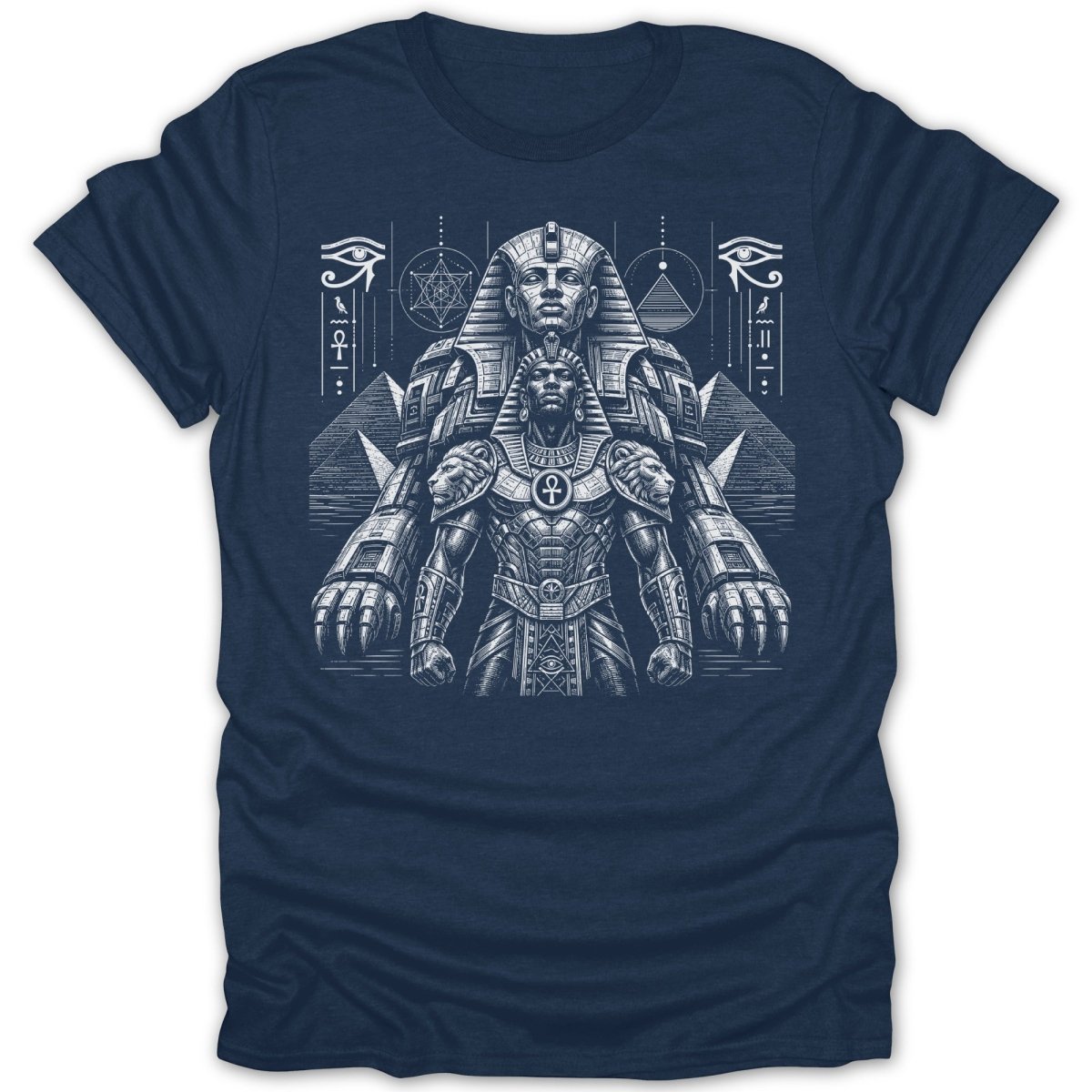 T-shirt graphic with Egyptian pharaoh and Sphinx, surrounded by hieroglyphs.