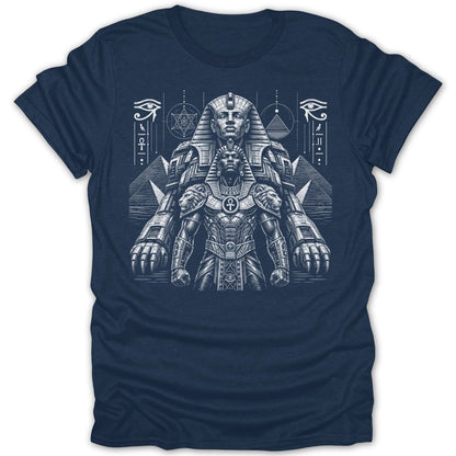 T-shirt graphic with Egyptian pharaoh and Sphinx, surrounded by hieroglyphs.
