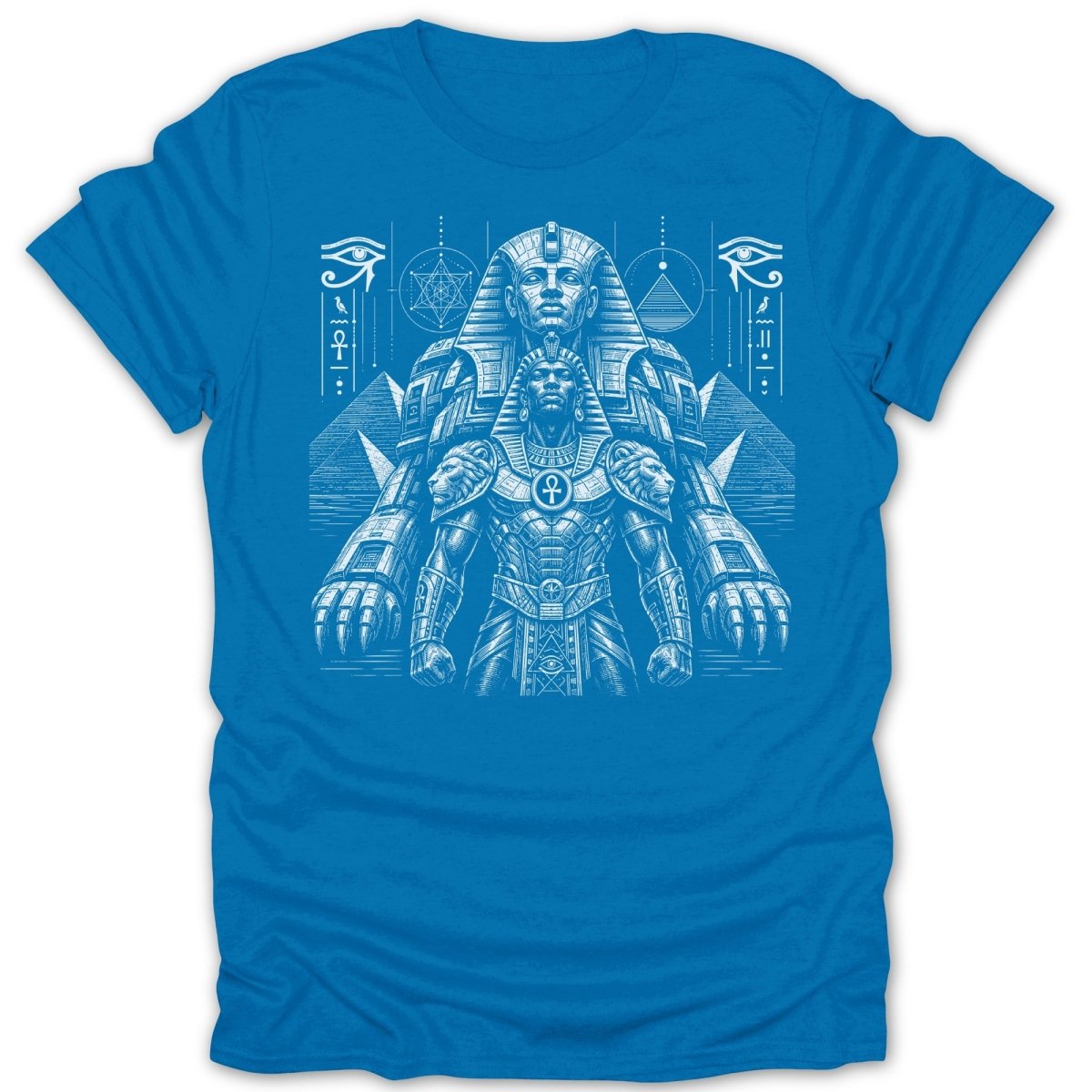 T-shirt graphic with Egyptian pharaoh, pyramids, and hieroglyphs.