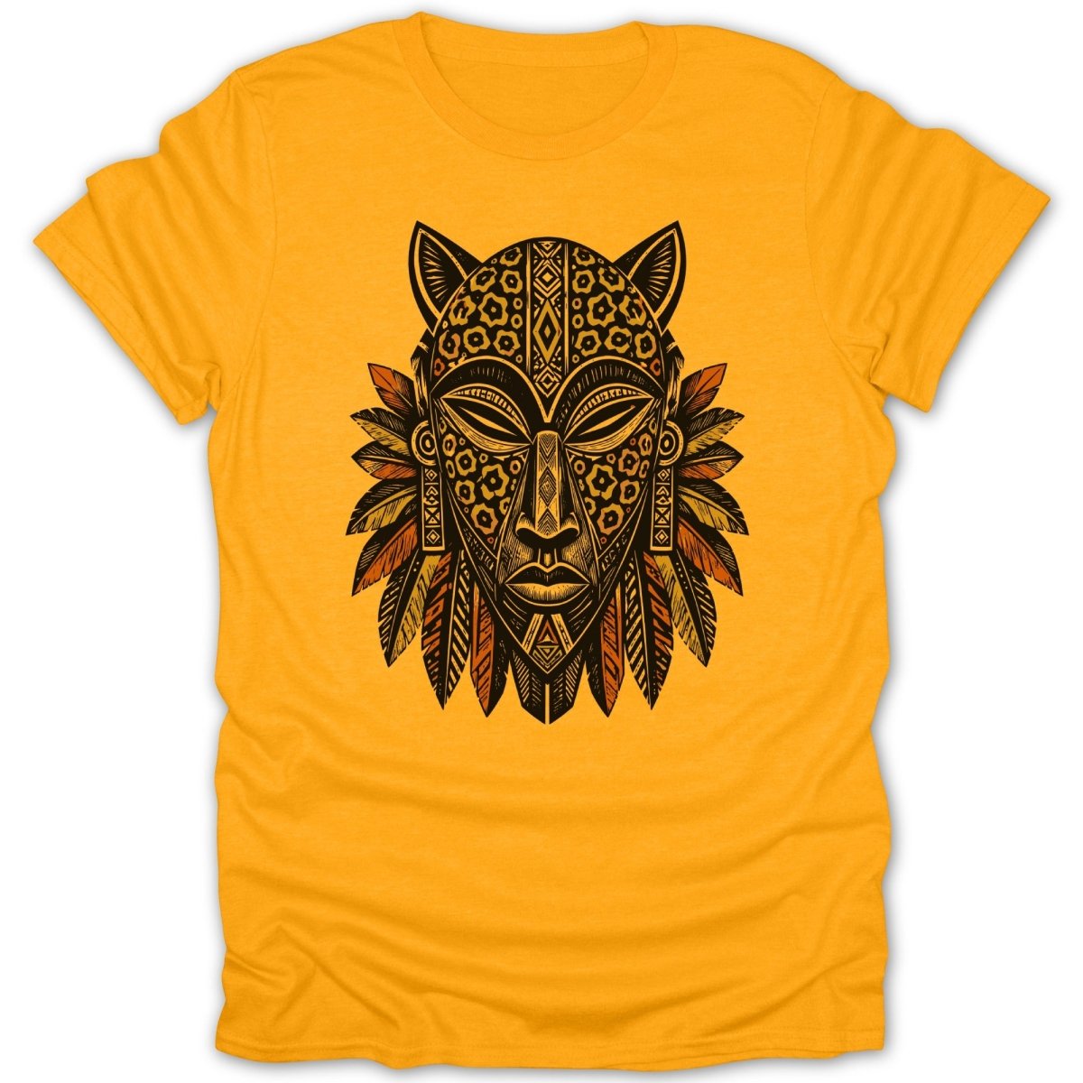 Yellow t-shirt featuring a tribal mask with animal print and feather accents.