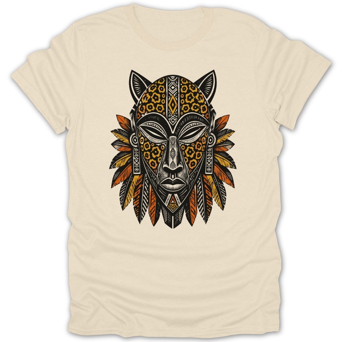 Tribal mask with leopard print and feathers, on a cream t-shirt.