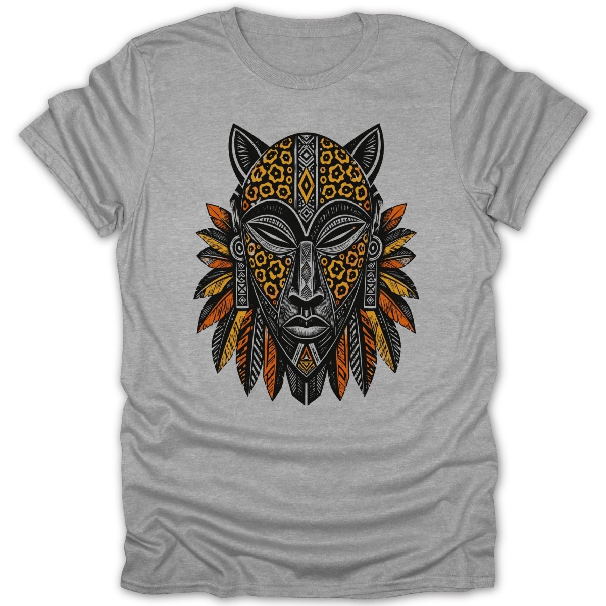 Tribal mask with leopard print and feathers on a grey t-shirt.