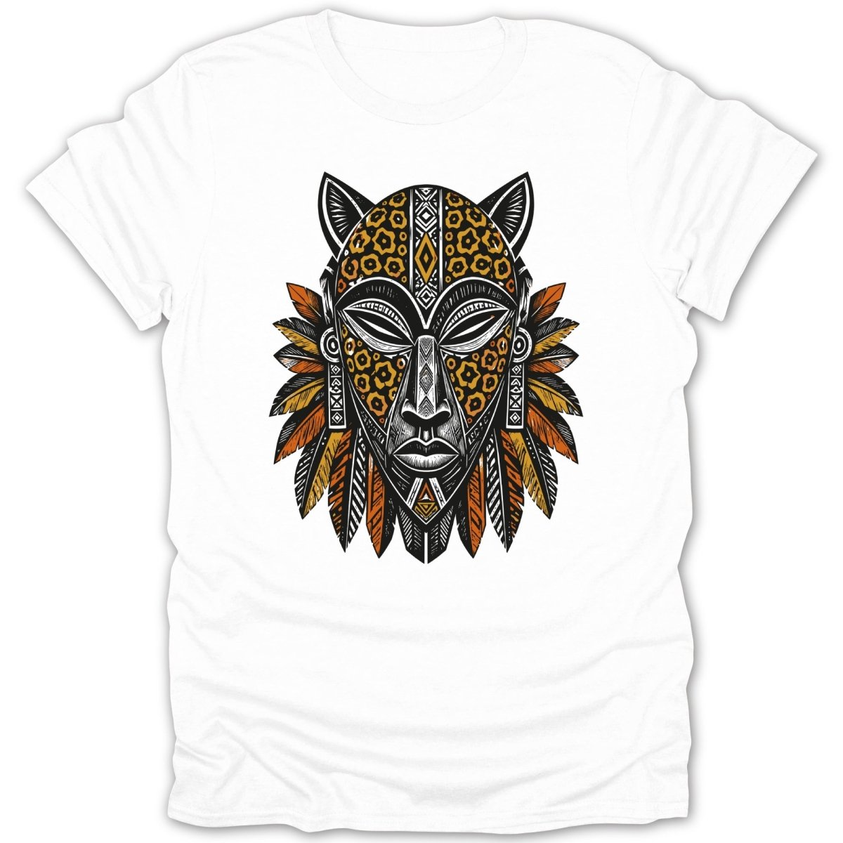 Tribal mask design with animal print and feathers on a white t-shirt.