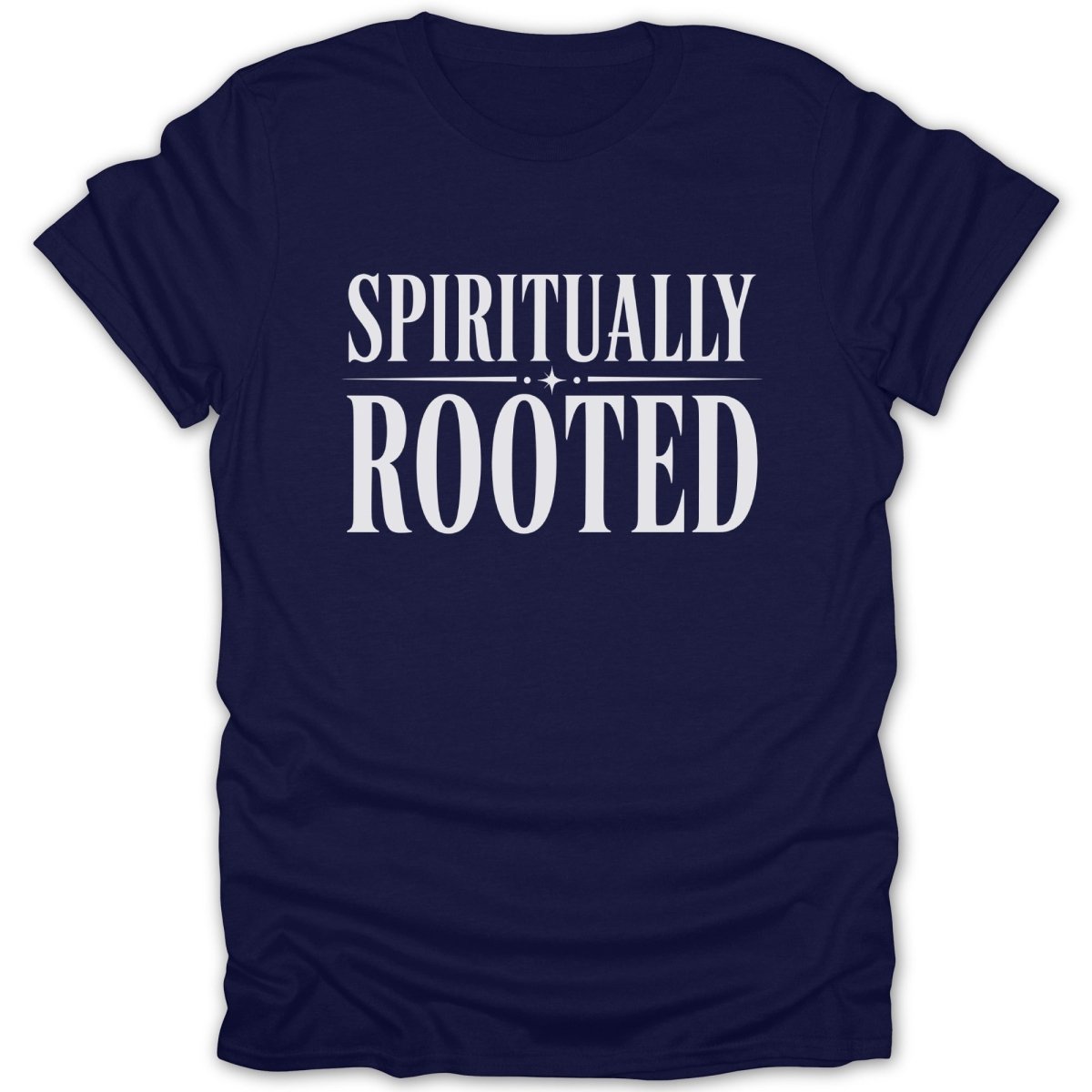 Navy t-shirt with white text reading "SPIRITUALLY ROOTED"