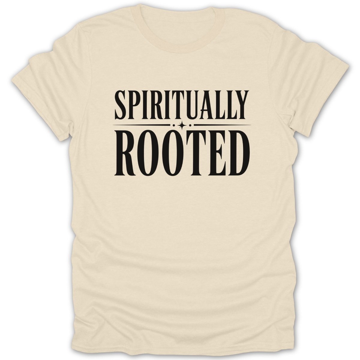 Cream t-shirt with black text that reads "SPIRITUALLY ROOTED".