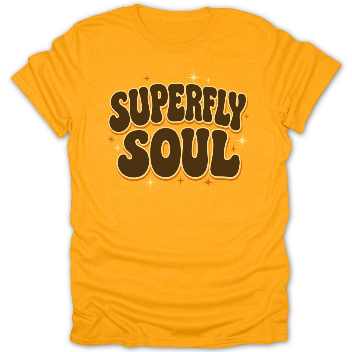 Orange t-shirt with "Superfly Soul" in retro brown and yellow lettering.