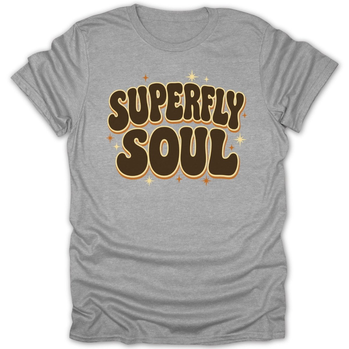 Grey t-shirt with "Superfly Soul" in brown retro lettering and starbursts.