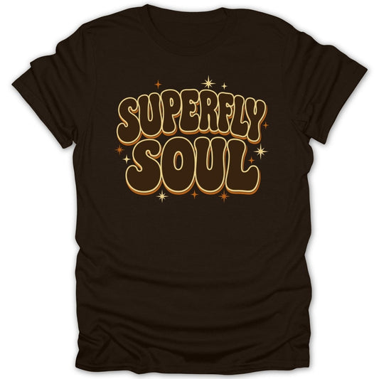 Brown t-shirt with "SUPERFLY SOUL" text in retro font and star accents.