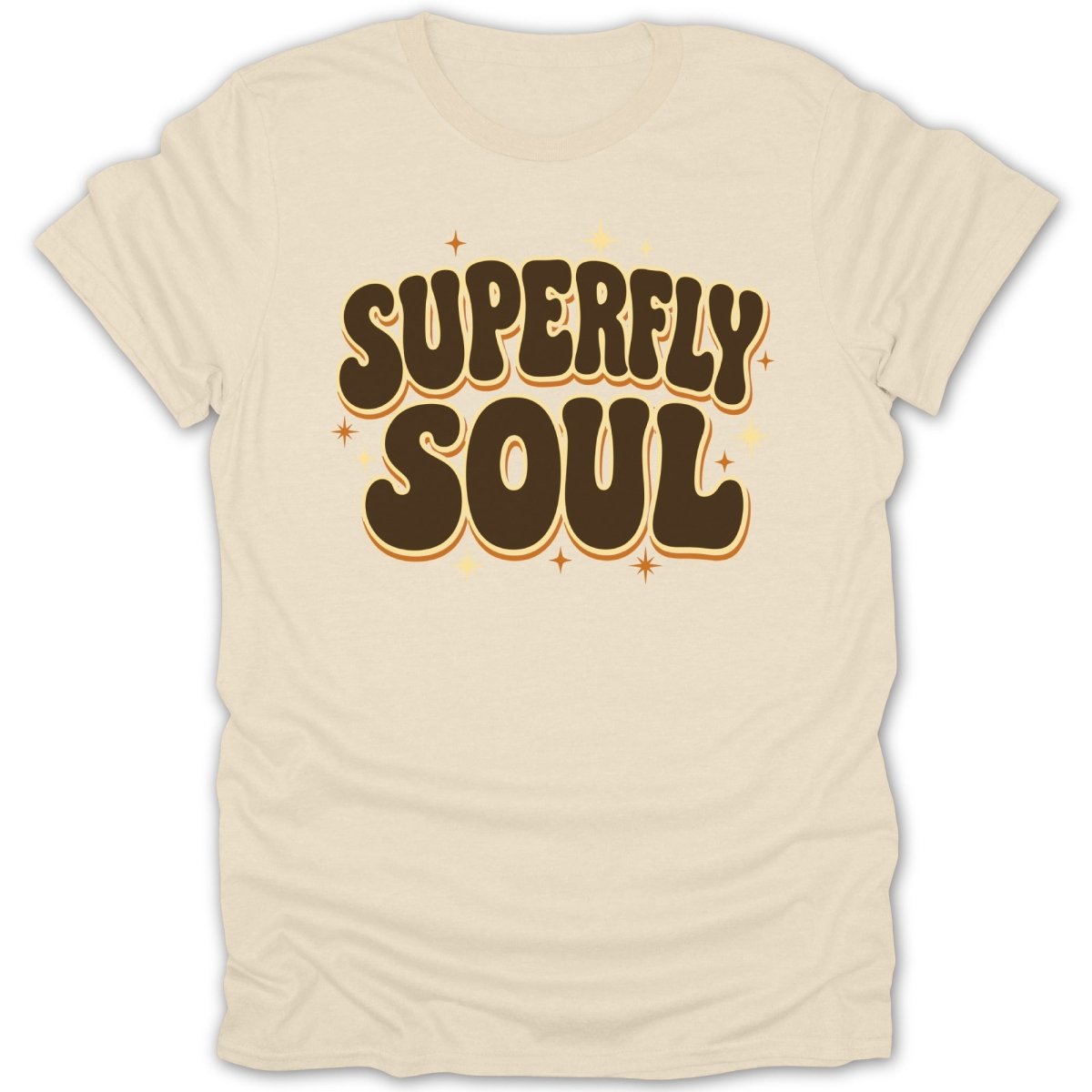 Cream t-shirt with "SUPERFLY SOUL" in retro brown lettering and stars.