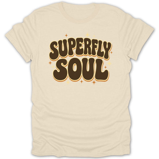 Cream t-shirt with "SUPERFLY SOUL" in retro brown lettering and stars.