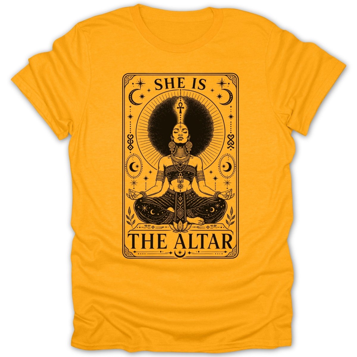 Black graphic on yellow t-shirt reads "SHE IS THE ALTAR" with meditating woman.