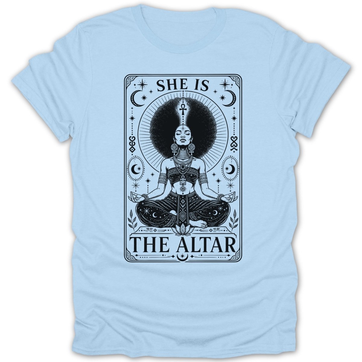 Black and white illustration of a woman in meditation pose with text "SHE IS THE ALTAR".