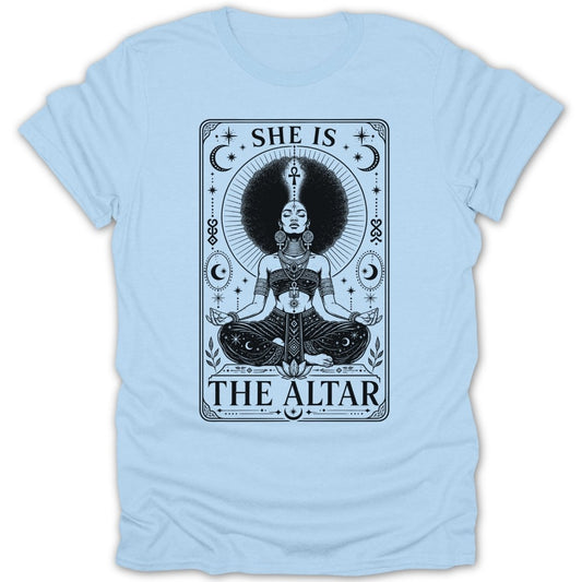 Black and white illustration of a woman in meditation pose with text "SHE IS THE ALTAR".