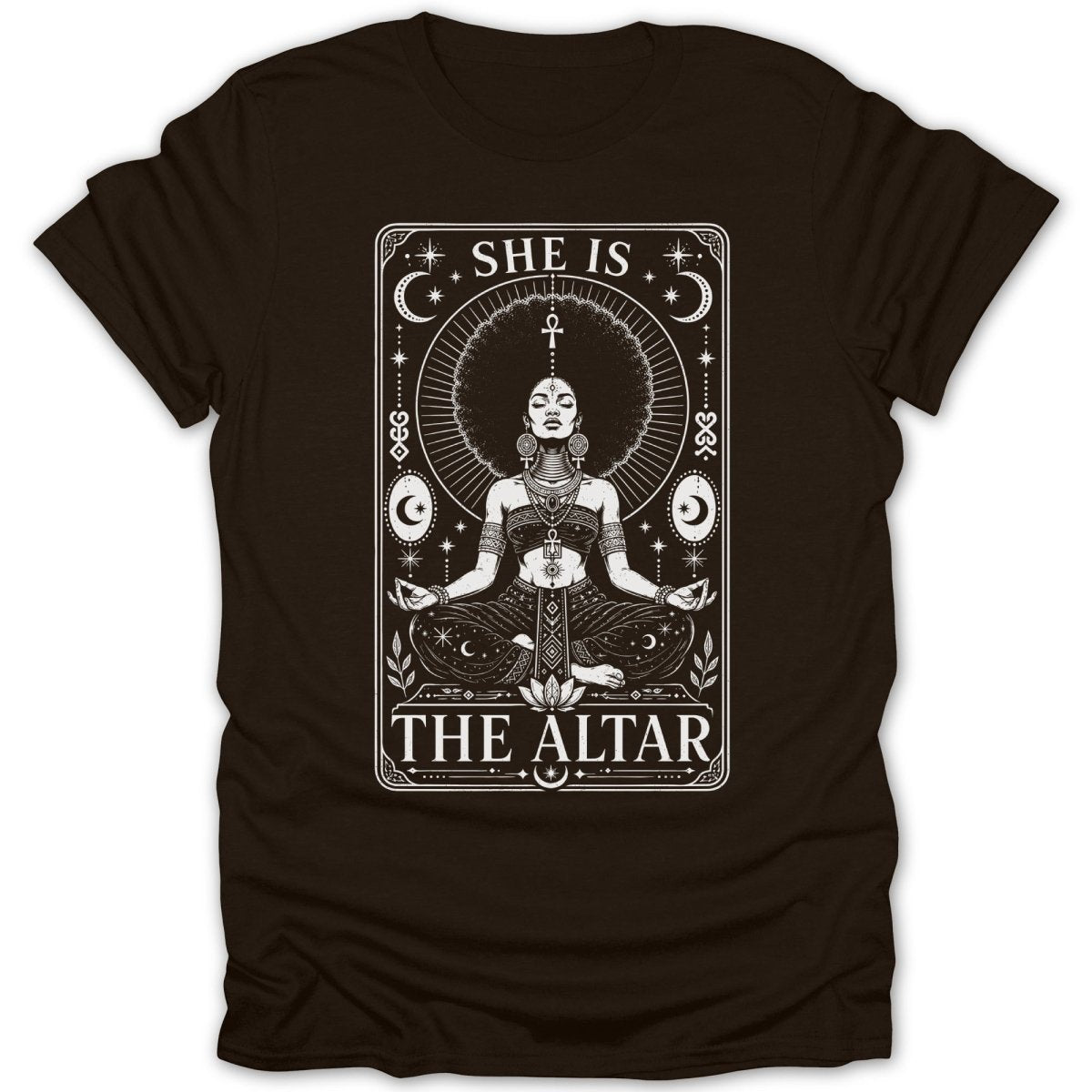 Woman meditating with afro hairdo, text "SHE IS THE ALTAR."