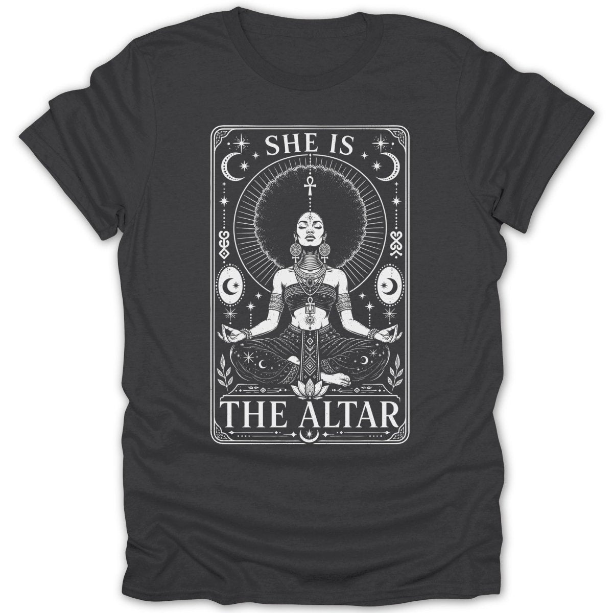 Graphic of a woman meditating with text "SHE IS THE ALTAR".