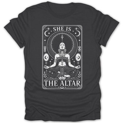 Graphic of a woman meditating with text "SHE IS THE ALTAR".