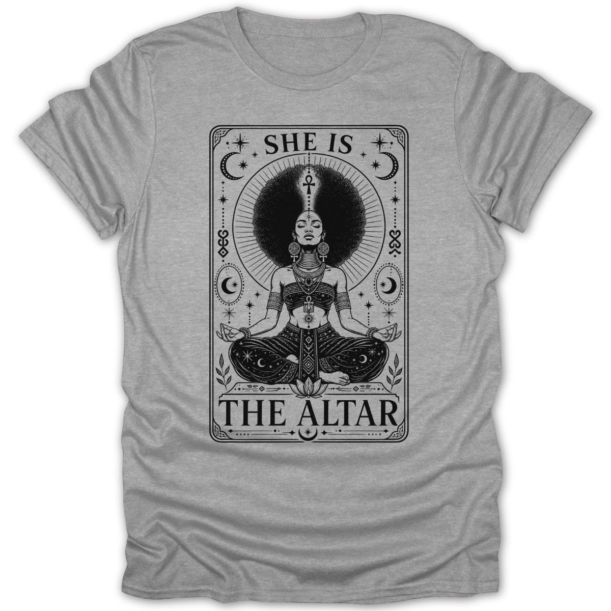 "She Is The Altar" graphic on a grey t-shirt featuring a woman meditating with an ankh symbol.