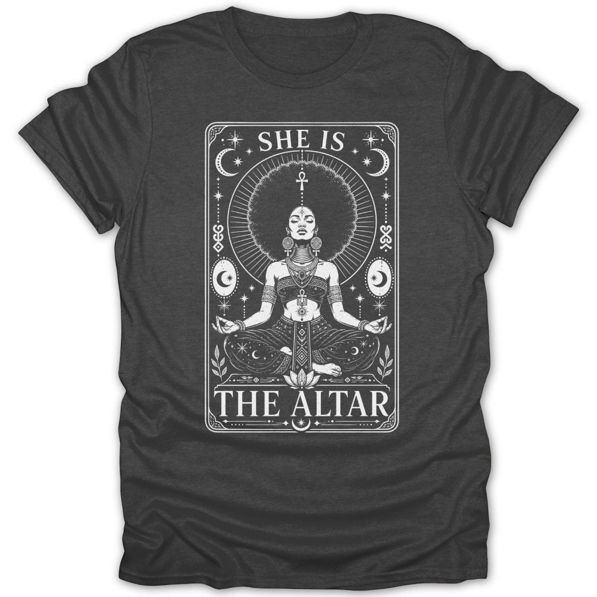 Illustration of woman meditating with large afro, text "SHE IS THE ALTAR".