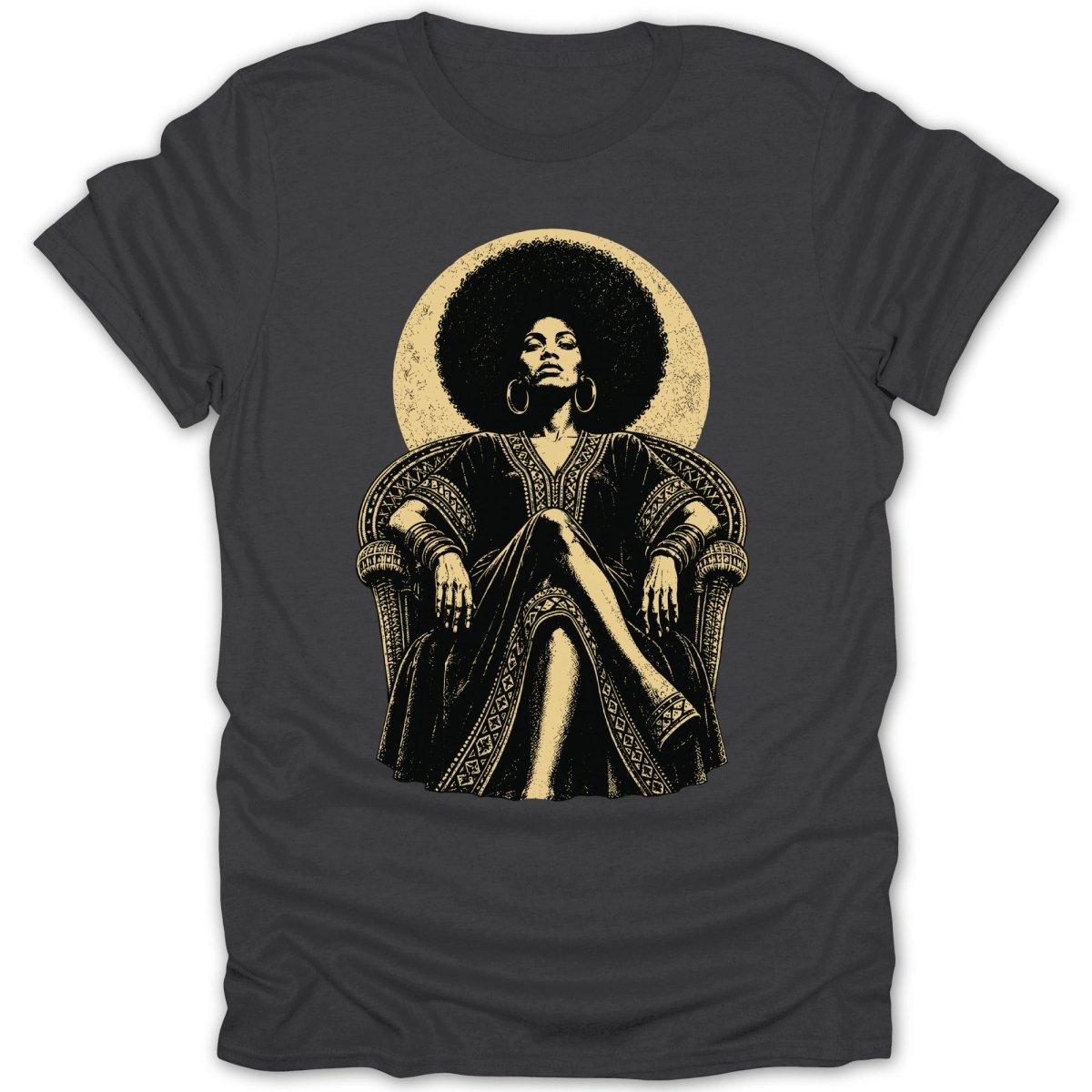 Woman with large afro and ornate dress sits in a chair with a circle behind her.
