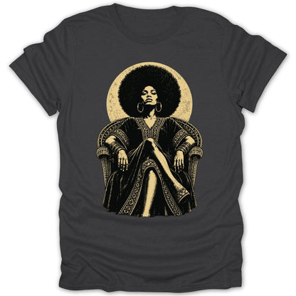 Woman with large afro and ornate dress sits in a chair with a circle behind her.