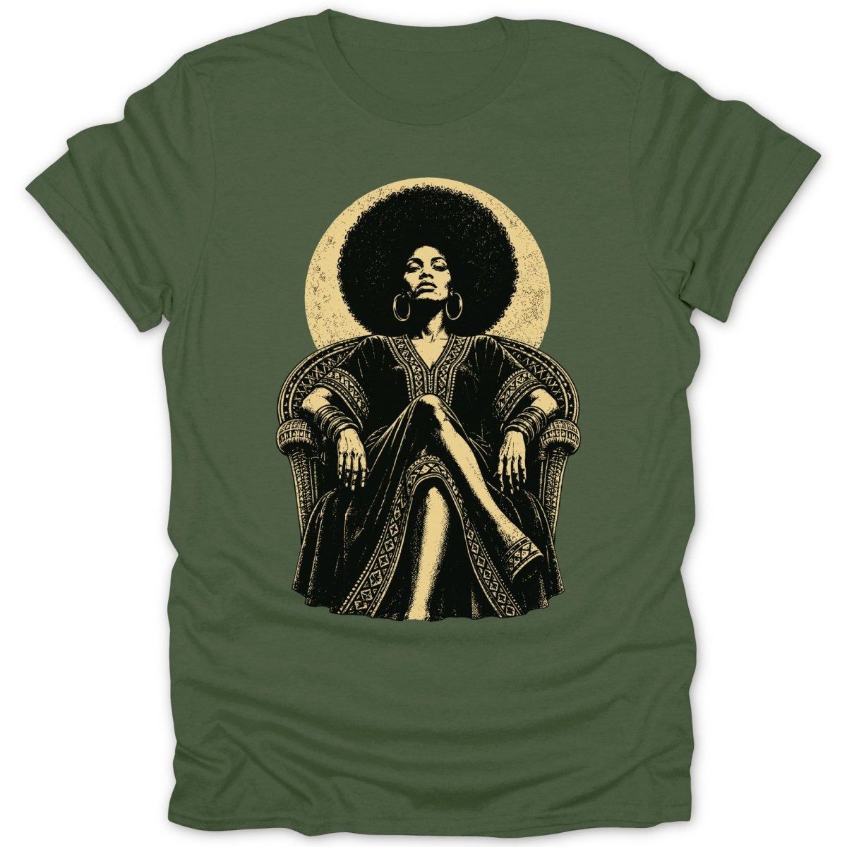Illustration of a Black woman with large afro, wearing a patterned dress sitting in a chair.