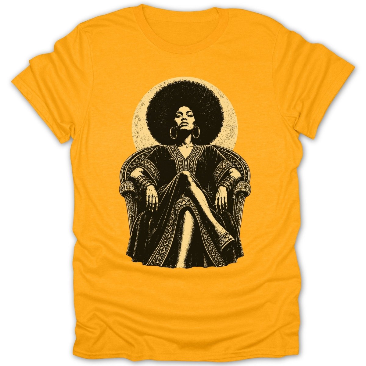 Illustration of a woman with an afro sitting in a chair on a yellow t-shirt.