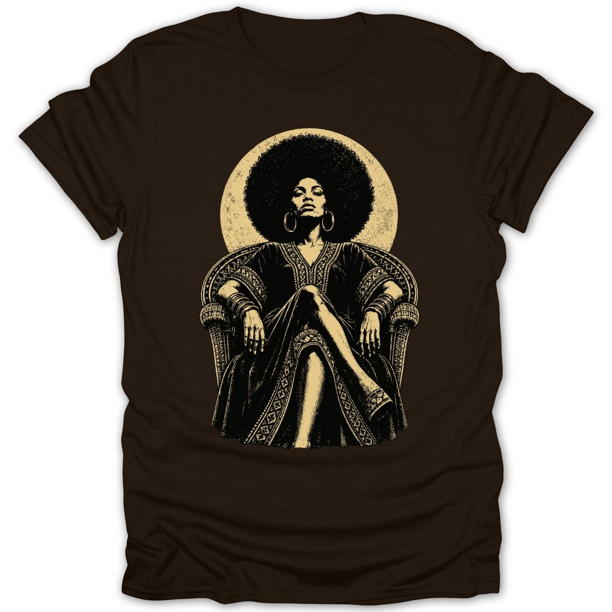 Illustration of a woman with an afro sitting regally on a throne.