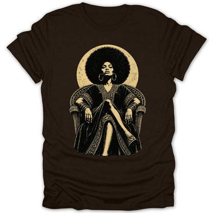 Illustration of a woman with an afro sitting regally on a throne.
