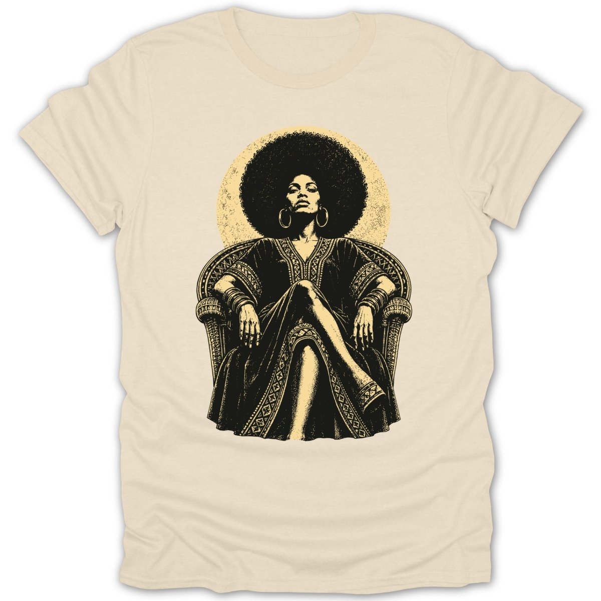 Illustration of a woman with an afro sitting in a ornate chair.