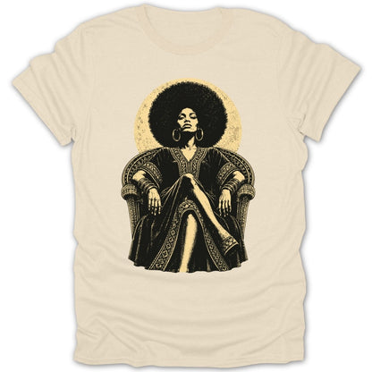 Illustration of a woman with an afro sitting in a ornate chair.