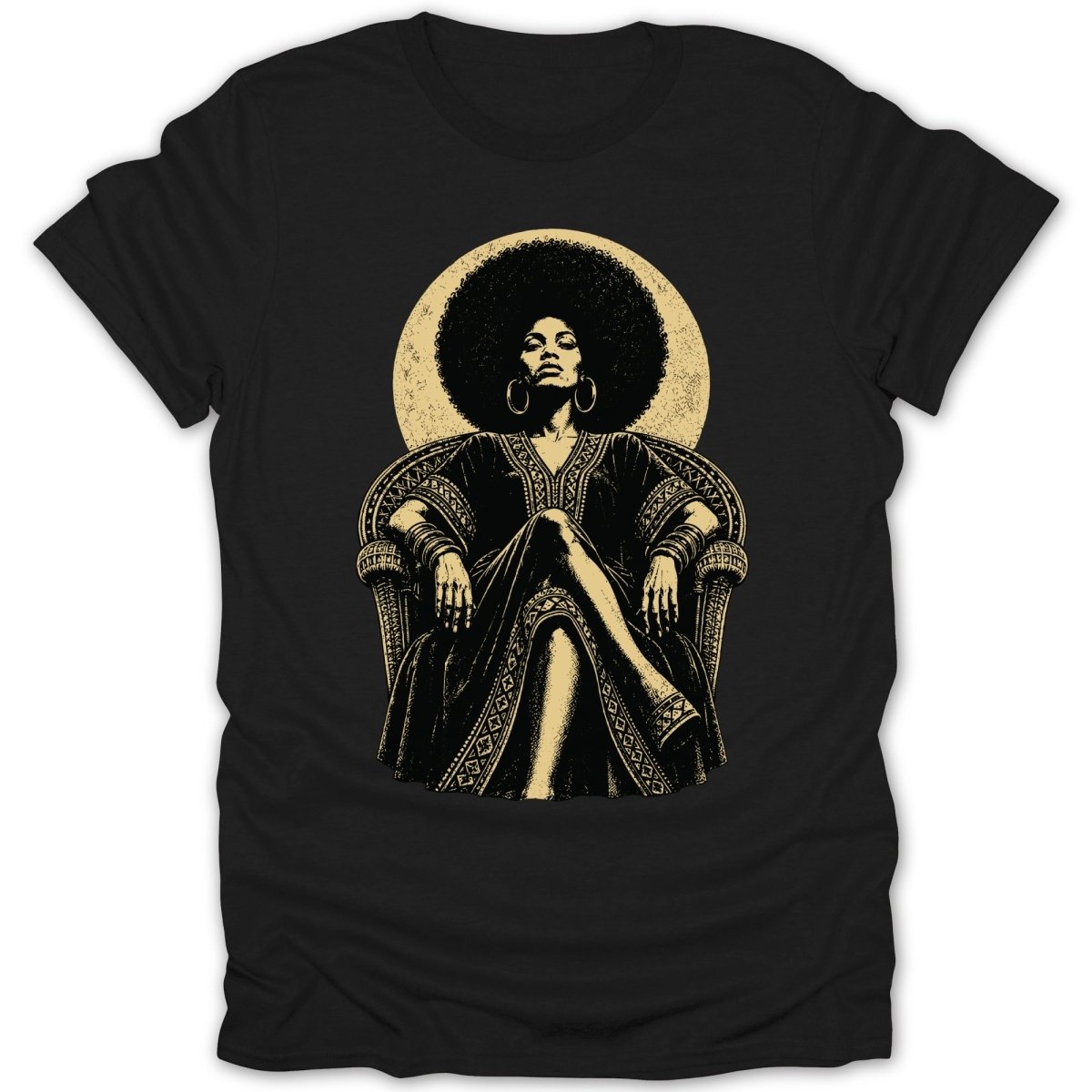 Illustration of a Black woman with a large afro and gold jewelry sitting in a decorated chair.