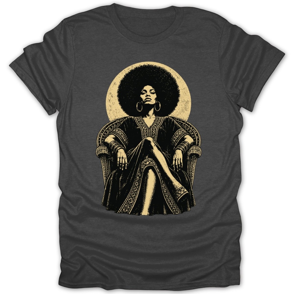 Illustration of a regal Black woman with an afro, seated in a chair.