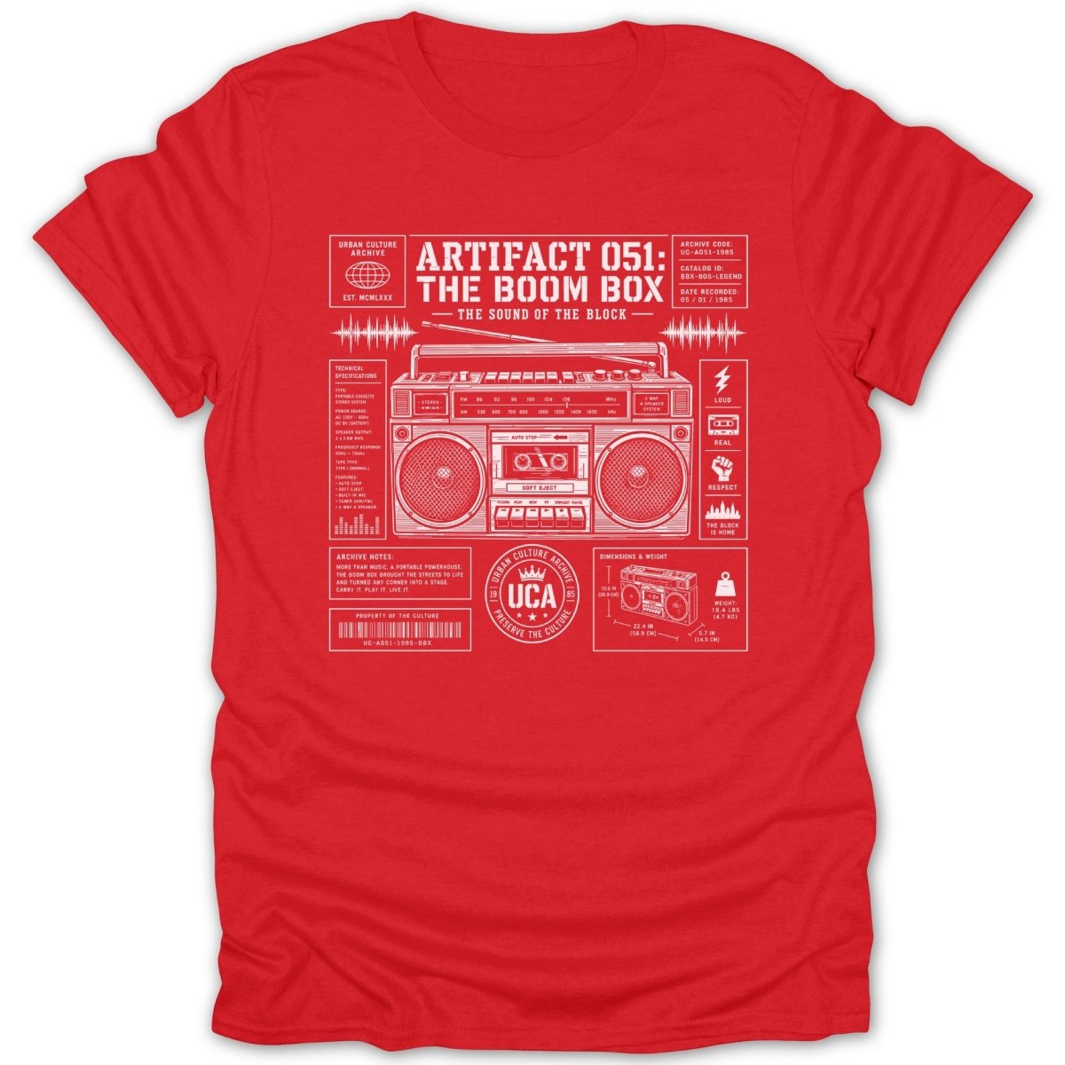 Red t-shirt with white graphic of a boombox and technical specifications.