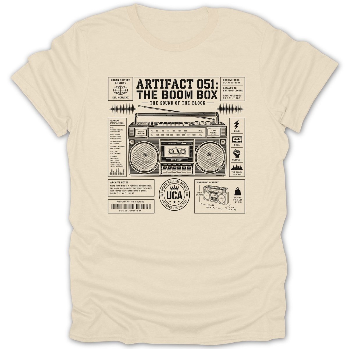 T-shirt graphic of a boombox with technical specifications and archive notes.