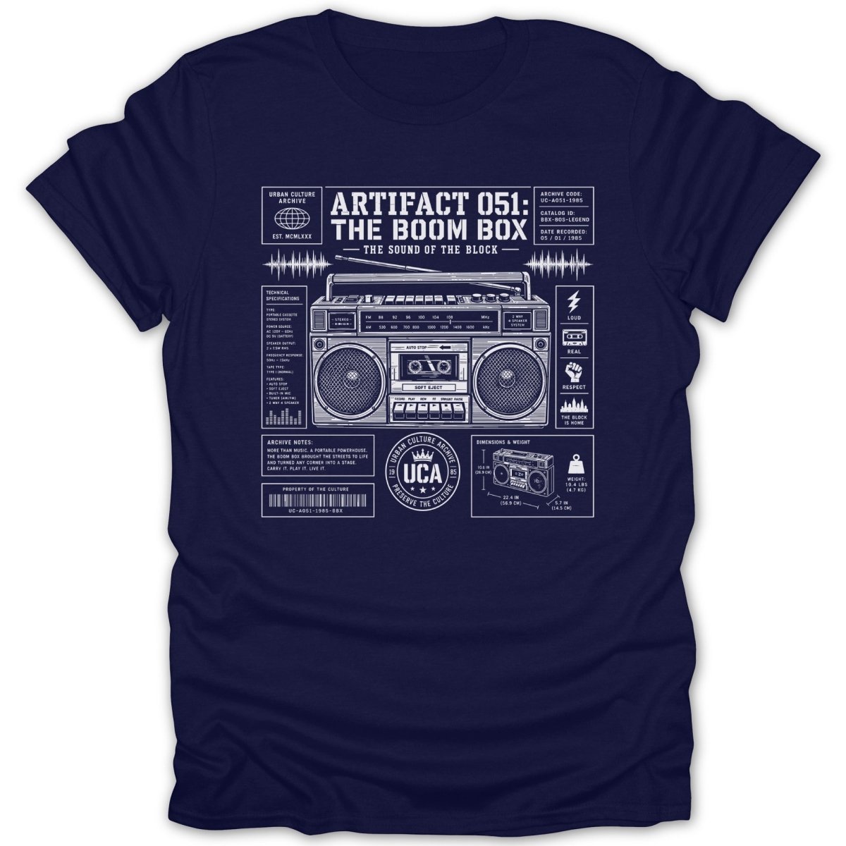 Navy t-shirt with white graphic of a vintage boombox and technical specifications.