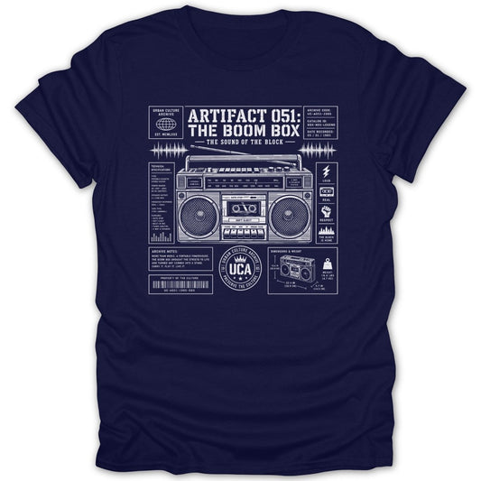 Navy t-shirt with white graphic of a vintage boombox and technical specifications.