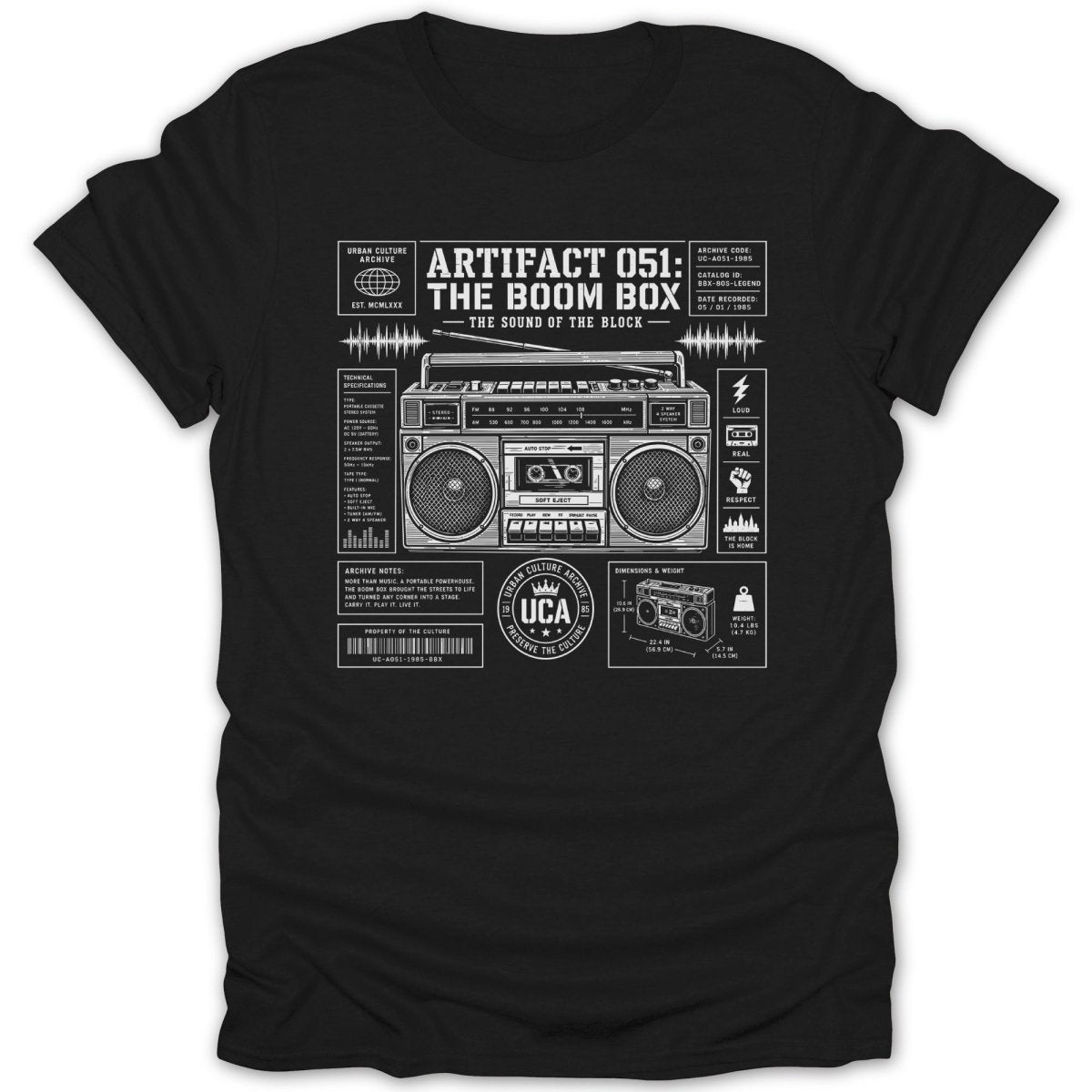 Black t-shirt with graphic of a boombox and technical specifications.