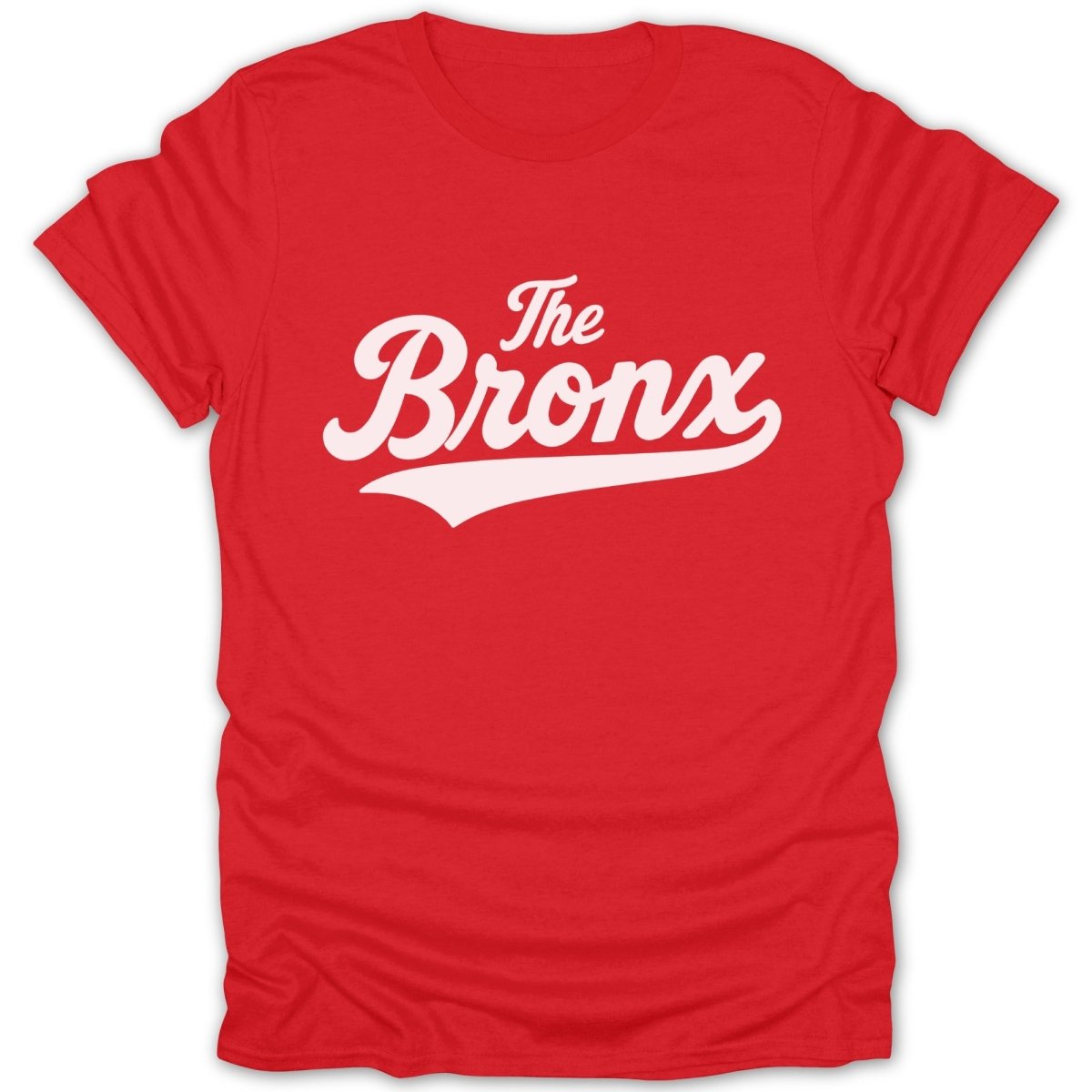 Red t-shirt with white script text reading "The Bronx".