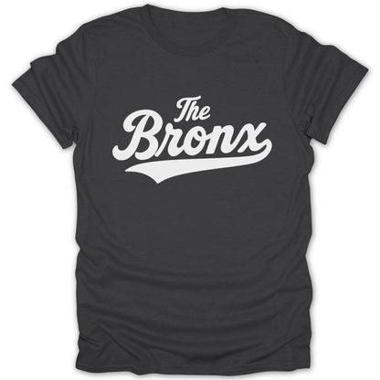 Dark t-shirt with white script text reading "The Bronx"