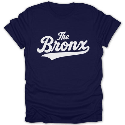 Navy t-shirt with white "The Bronx" text in a script font.