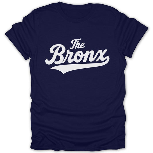 Navy t-shirt with white "The Bronx" text in a script font.