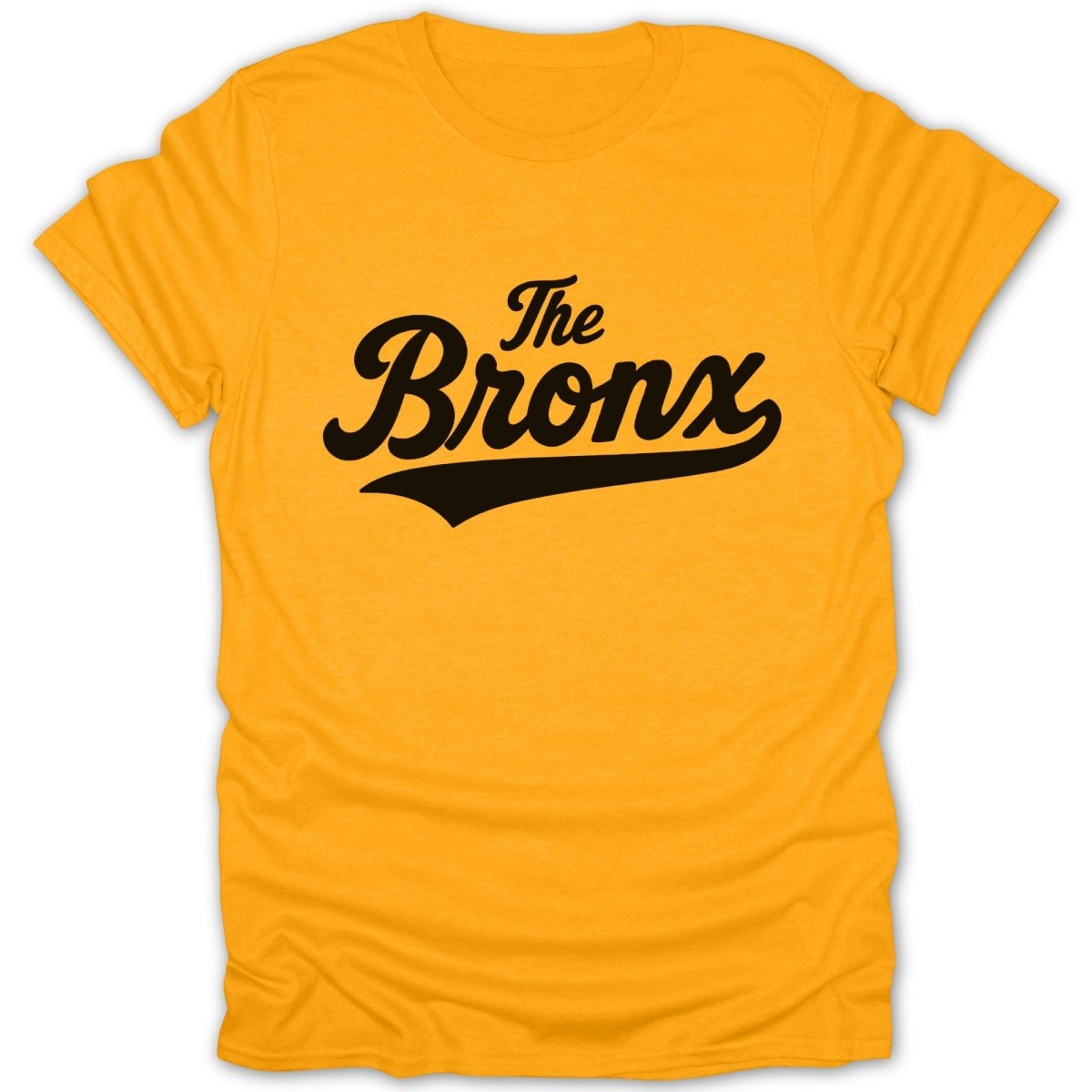 Gold t-shirt with black text "The Bronx" in a cursive font.